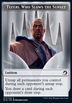 Teferi, Who Slows the Sunset Emblem // Clue Token