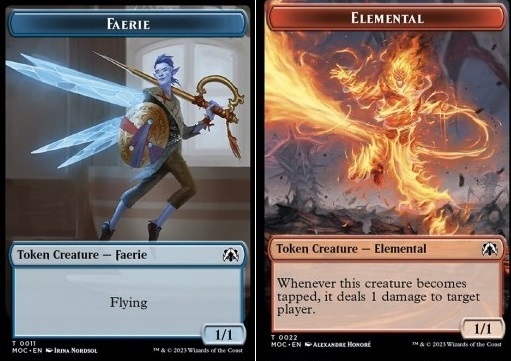 Faerie Token (U 1/1) // Elemental Token (R 1/1 Tap, Deal damage)