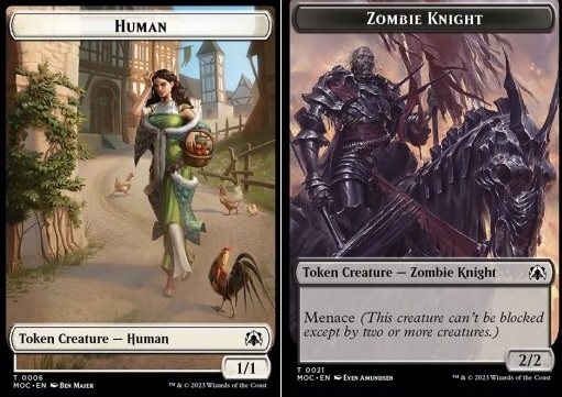 Human Token (W 1/1) // Zombie Knight Token (B 2/2 Menace)