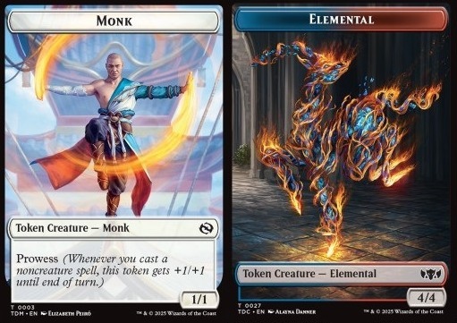 Monk Token (W 1/1 Prowess) // Elemental Token (UR 4/4)